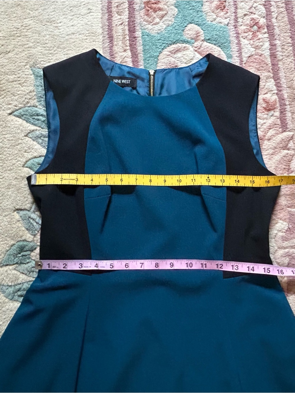 Nine West Teal Sleeveless A-Line Dress with Black Panels - Picture 9 of 12